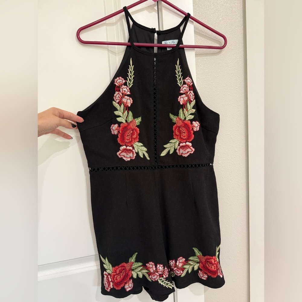 She + Sky Black Mini Dress with Red Floral Embroidery